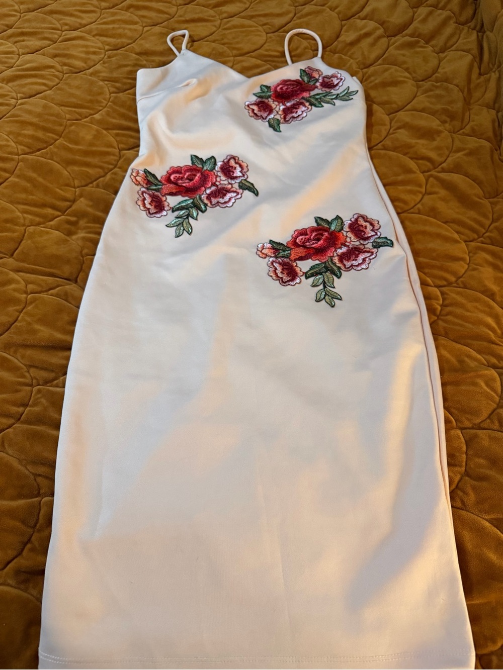 Charlotte Russe White Midi Dress with Red Rose Appliqués